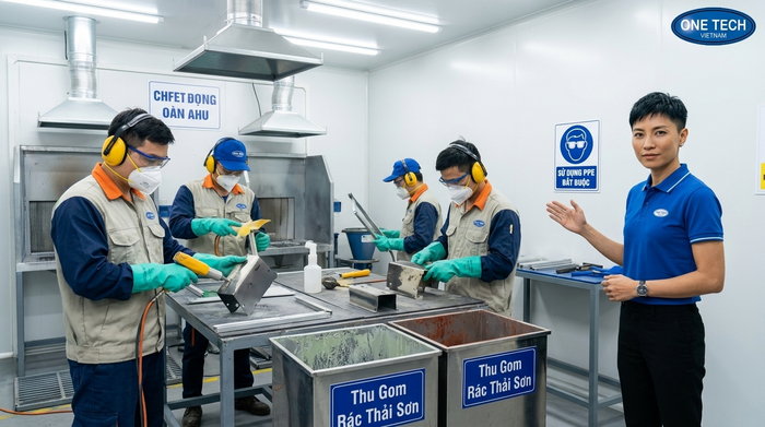 An toàn lao động trong quá trình tẩy sơn tĩnh điện Trang bị bảo hộ và khu vực an toàn khi tẩy sơn tĩnh điện