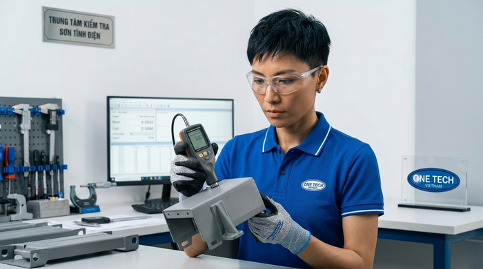 Kinh nghiệm chọn đơn vị tẩy sơn tĩnh điện Nghệ An Kỹ thuật viên kiểm tra sản phẩm trước khi tẩy sơn tĩnh điện tại Nghệ An