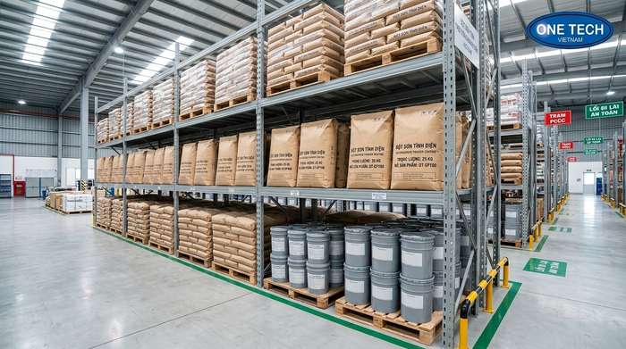 Bột sơn tĩnh điện được lưu trữ trên kệ và pallet
