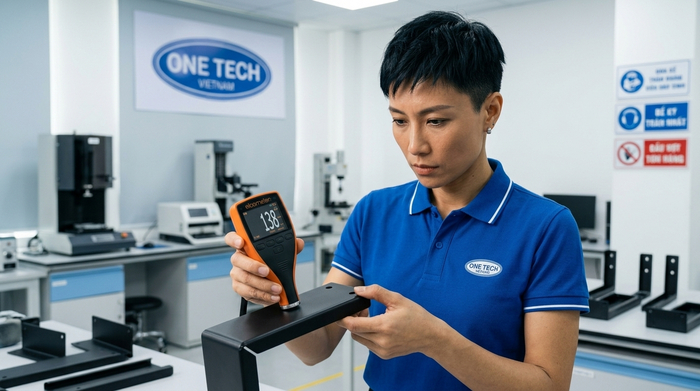 Kỹ thuật viên đo độ dày lớp sơn tĩnh điện bằng máy chuyên dụng