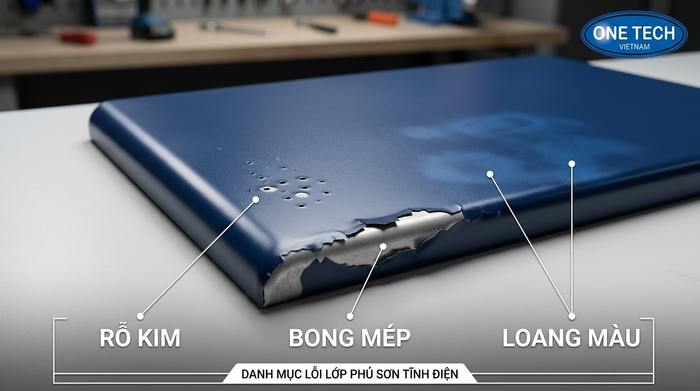 Các lỗi thường gặp trên bề mặt sơn tĩnh điện như rỗ kim, bong mép và loang màu
