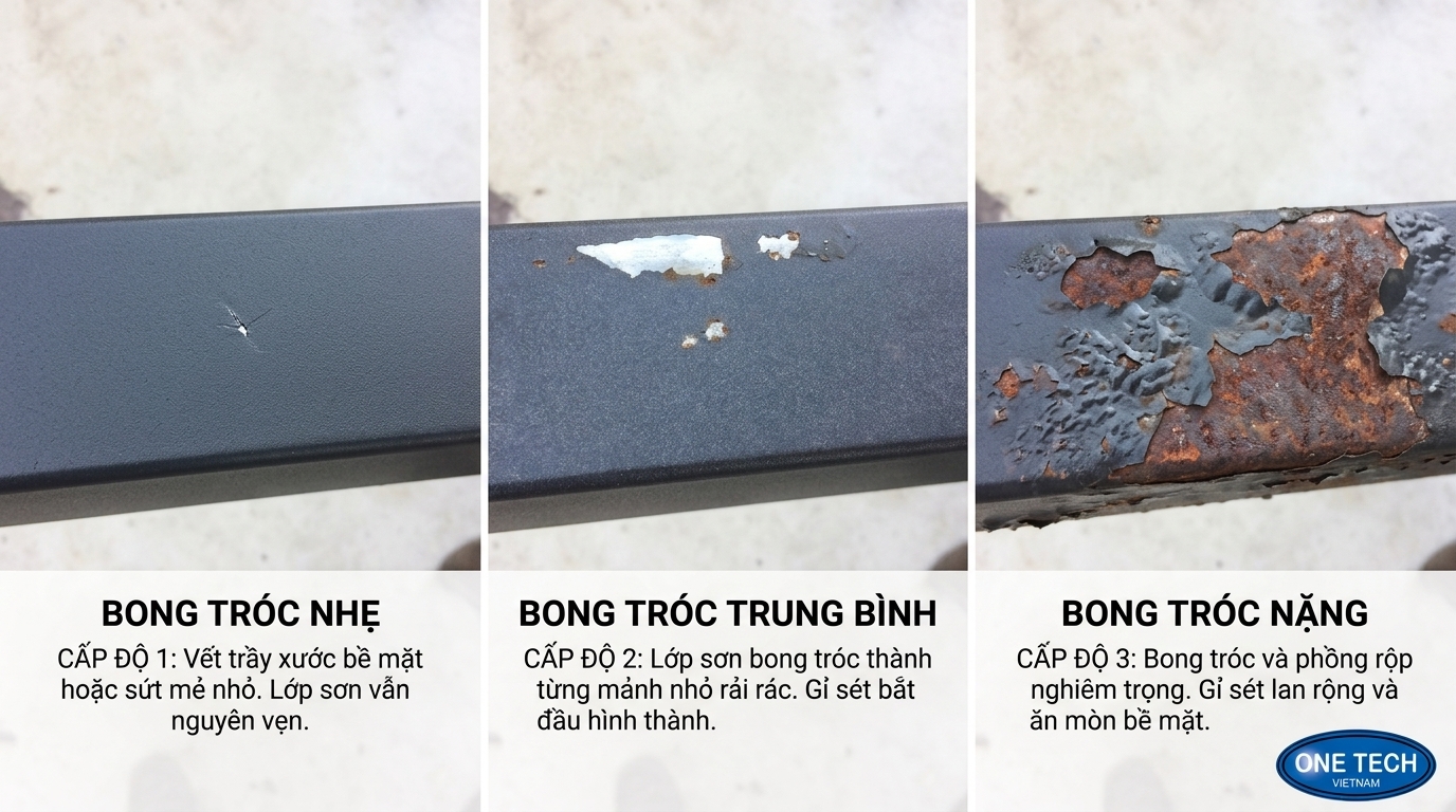 Phân loại mức độ sơn tĩnh điện bị bong tróc nhẹ trung bình và nặng