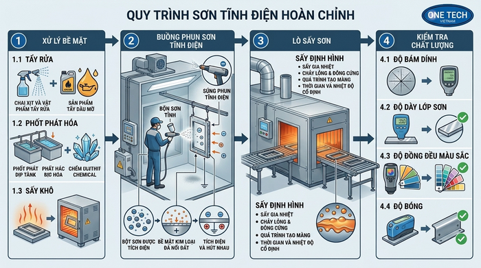 Sơ đồ quy trình sơn tĩnh điện từ xử lý bề mặt đến kiểm tra hoàn thiện