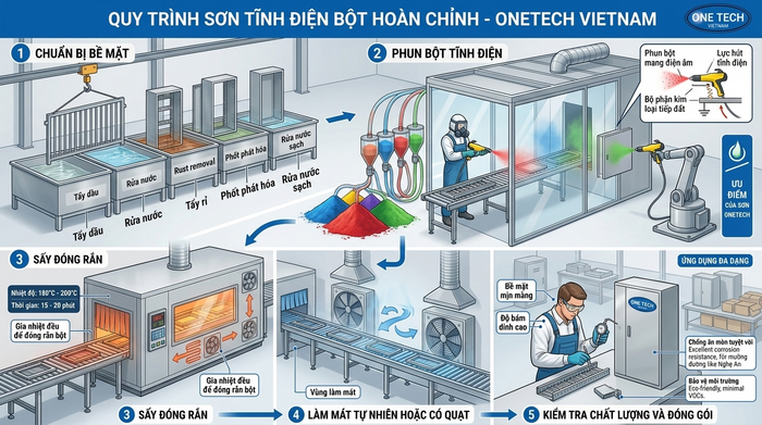 Quy trình sơn tĩnh điện Nghệ An tổng quan Sơ đồ tổng quan quy trình sơn tĩnh điện Nghệ An từ xử lý bề mặt đến kiểm tra hoàn thiện