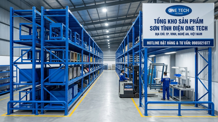 Kệ kho và khung kim loại sơn tĩnh điện trong nhà xưởng tại Nghệ An