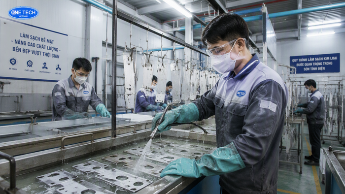 Tẩy dầu mỡ kim loại trước khi sơn tĩnh điện Tẩy dầu mỡ bề mặt thép trước khi sơn tĩnh điện tại xưởng